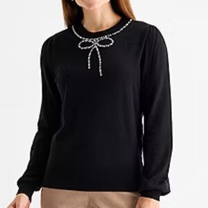 Liz Claiborne Womens Crew Neck Embellished Long Sleeve Pullover Sweater